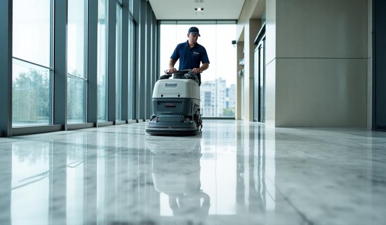 Operario realizando pulido de suelo de terrazo en oficina